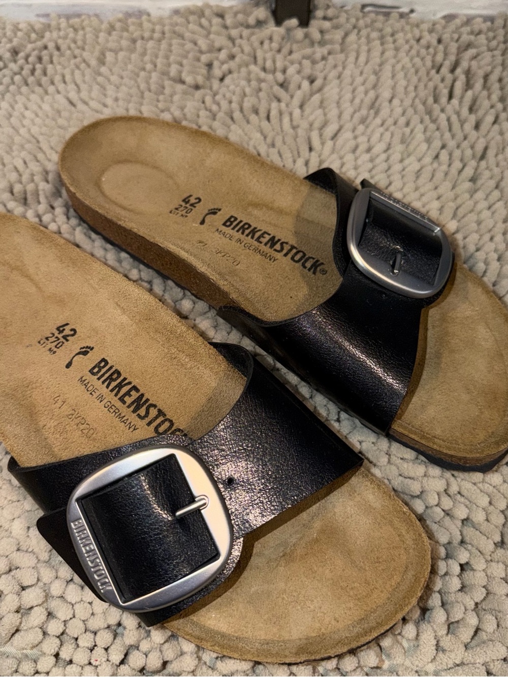 Birkenstock Madrid Black Leather Single Strap Slide Sandals with Silver Buckles